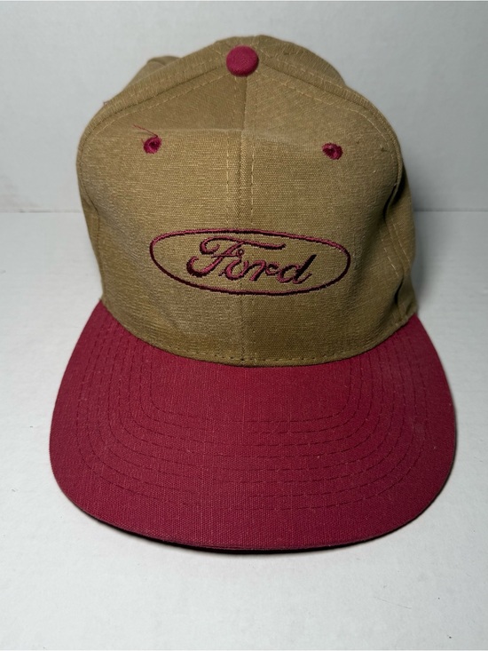 Vintage 80s Ford Motors Cars Snap Back Flat Bill Red Tan Adjustable Men’s Hat